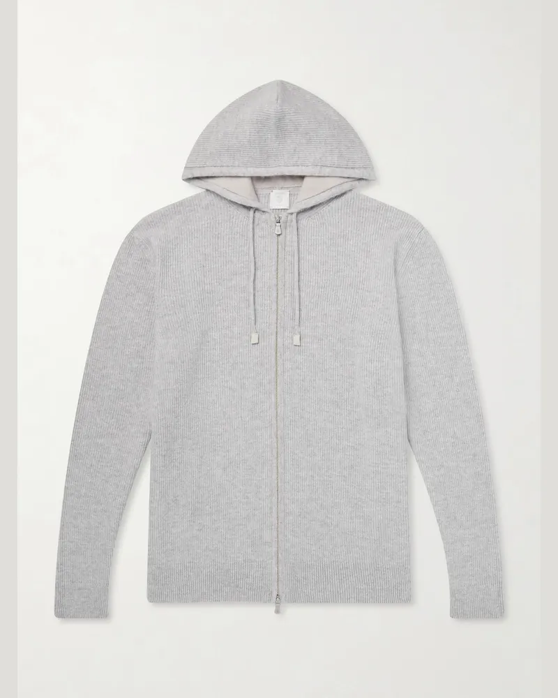 Eleventy Ribbed Cashmere Zip-Up Hoodie Gray