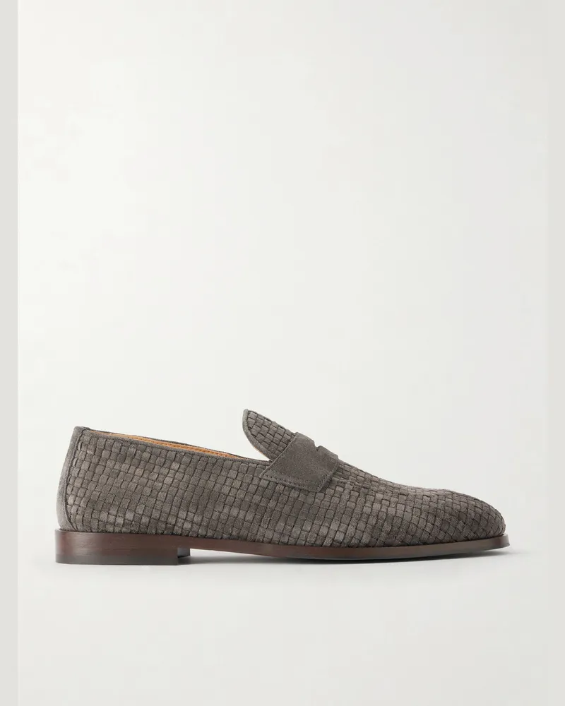 Brunello Cucinelli Woven Suede Penny Loafers Gray