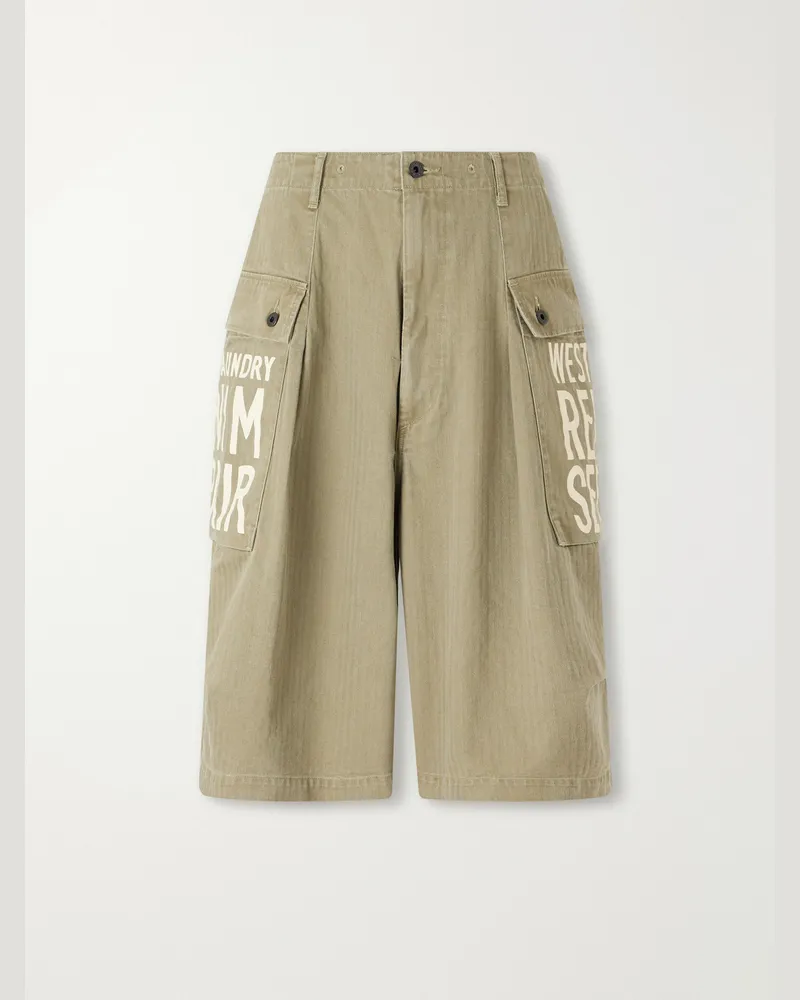 KAPITAL Wide-Leg Printed Herringbone Cotton Shorts Green
