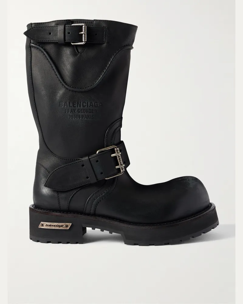 Balenciaga Venom Logo-Debossed Distressed Leather Boots Black