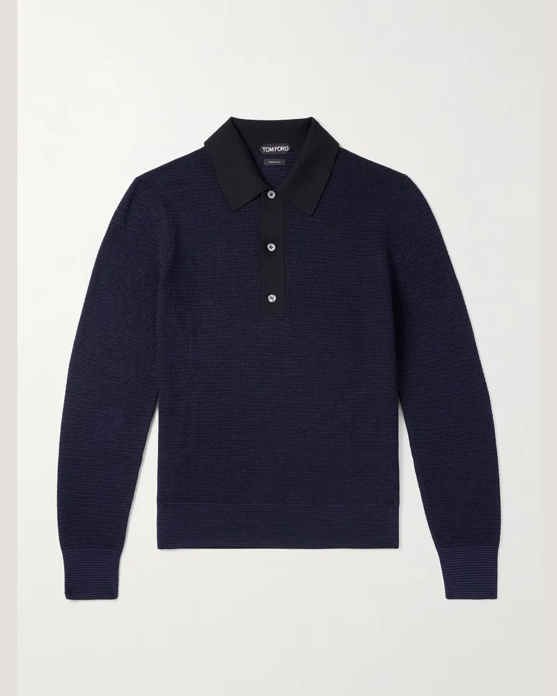 Tom Ford Schmal geschnittener Pullover aus Wolle in Waffelstrick mit Polokragen Blau