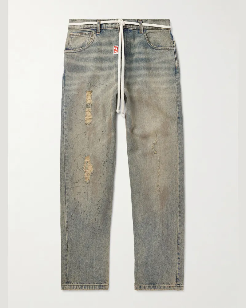 RRR123 Fathers Way Slim-Fit Straight-Leg Belted Distressed Printed Jeans Blue