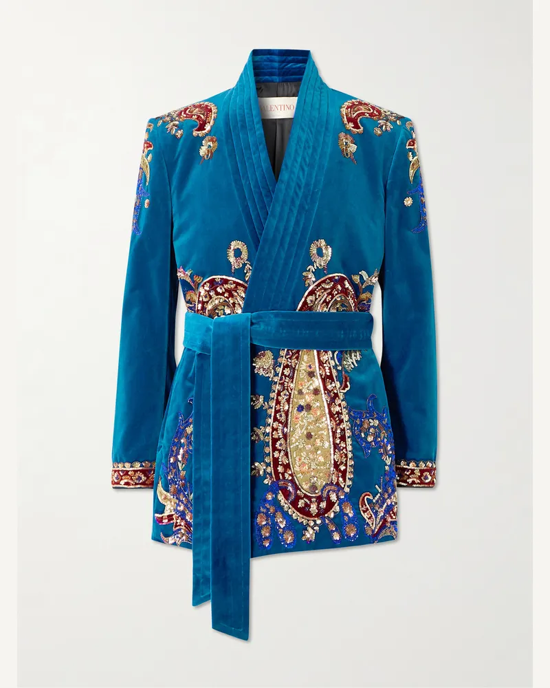 Valentino Garavani Jacke aus Baumwollsamt mit Pailletten und Gürtel Blau