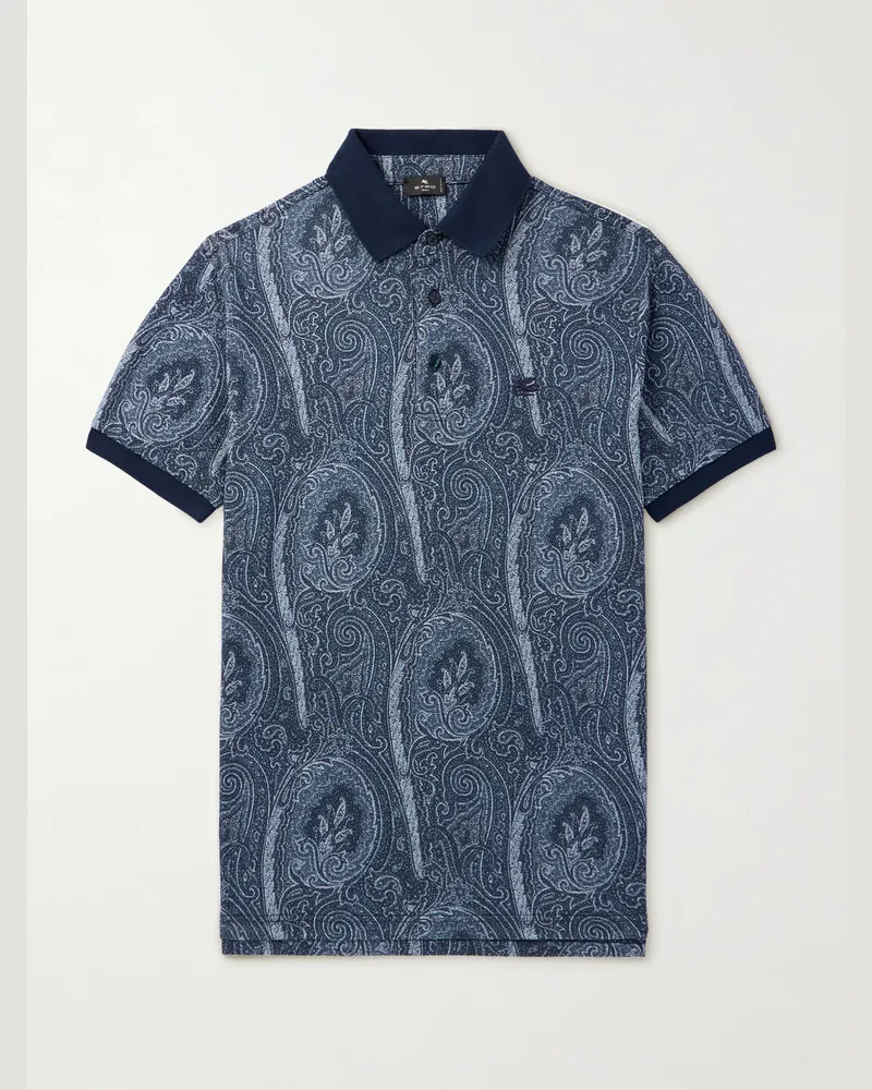 Etro Roma schmal geschnittenes Polohemd aus Baumwoll-Piqué mit Paisley-Print und Logostickerei Blau