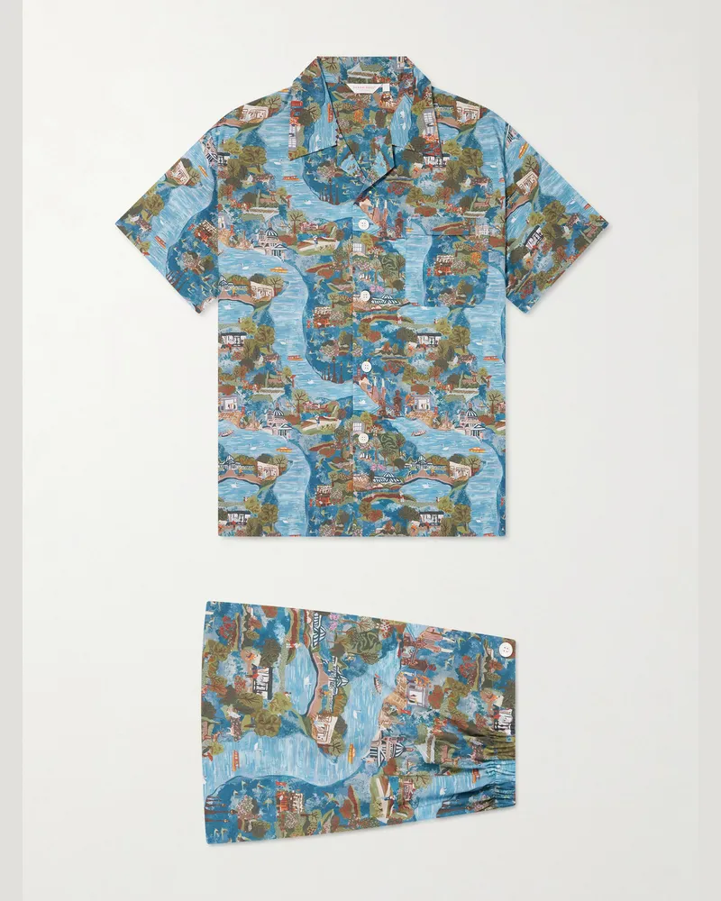 Derek Rose Ledbury 100 Printed Cotton Pyjama Set Blue