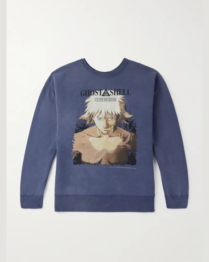 SAINT MXXXXXX Ghost in the Shell Distressed Printed Cotton-Jersey Sweatshirt Blue