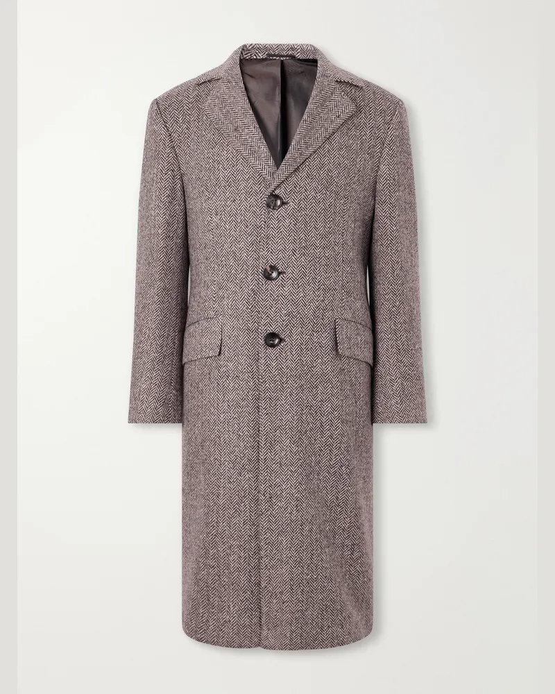 Kiton Herringbone Cashmere and Wool-Blend Coat Brown