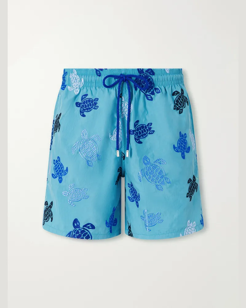 Vilebrequin Mistral Straight-Leg Mid-Length Embroidered Recycled Swim Shorts Blue