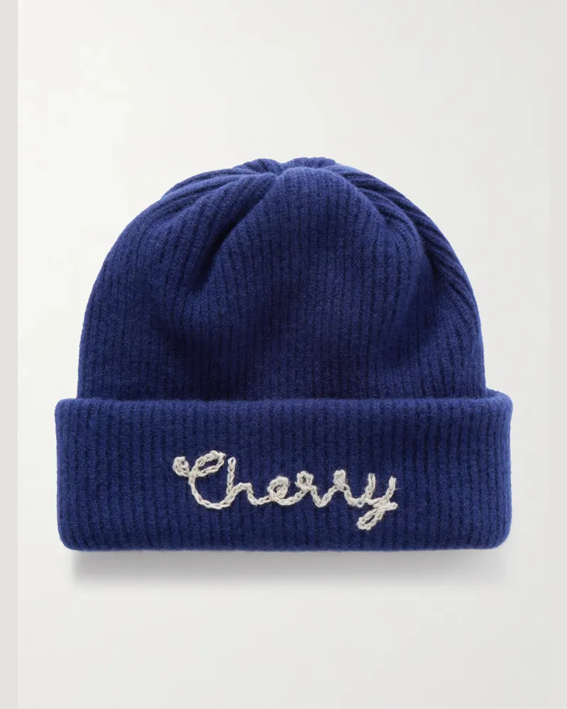 Cherry Los Angeles Beanie aus Kaschmir in Rippstrick mit Logostickerei Blau