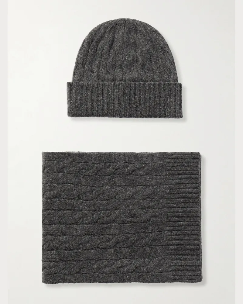 Ralph Lauren Set aus Schal und Beanie aus Kaschmir in Zopfstrick mit Logostickerei Grau