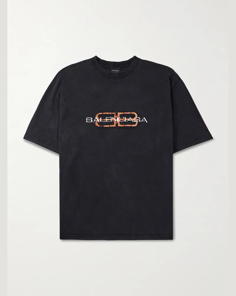 Balenciaga Oversized Logo-Print Cotton-Jersey T-Shirt Black