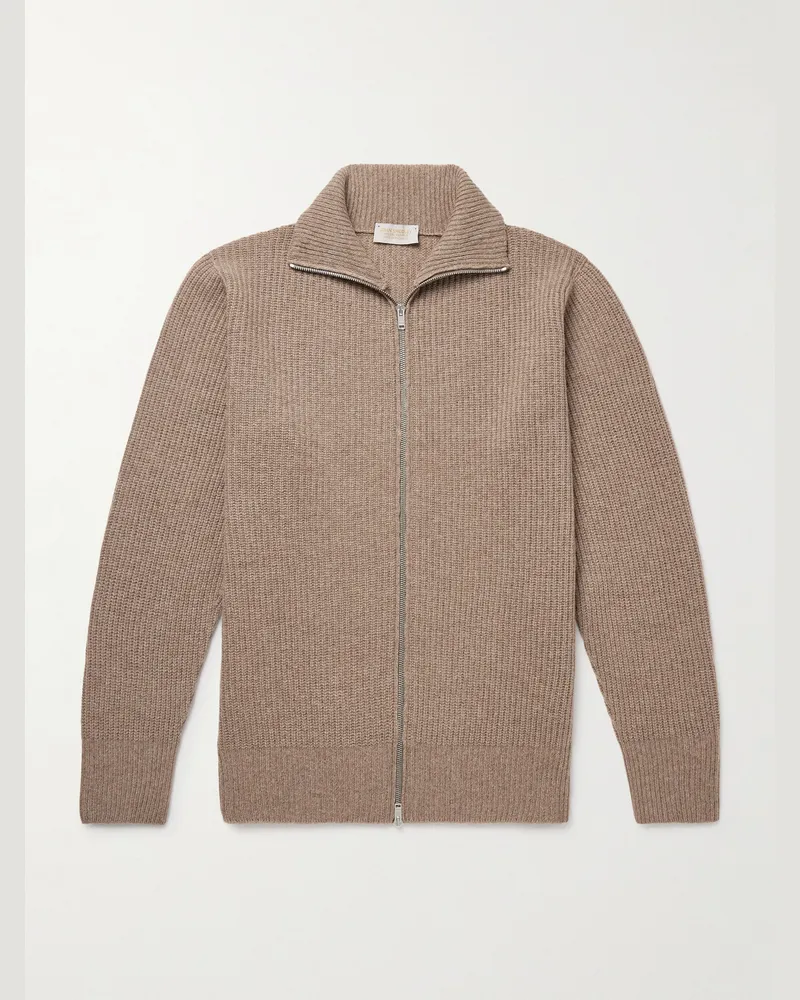 John Smedley Mallam Cardigan aus einer Mischung aus recyceltem Kaschmir und Merinowolle in Rippstrick mit Reißverschluss Neutral