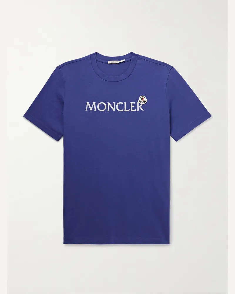 Moncler T-Shirt aus Baumwoll-Jersey mit Logoflockdruck und Applikation Blau