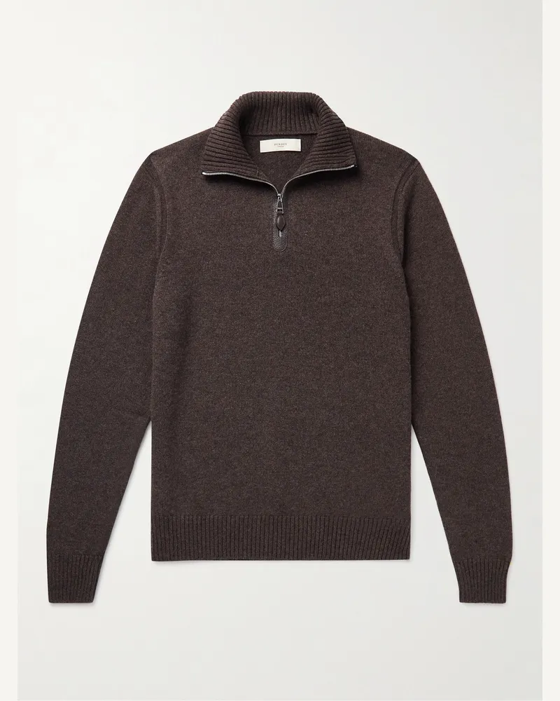 PURDEY Leather-Trimmed Cashmere Half-Zip Sweater Brown