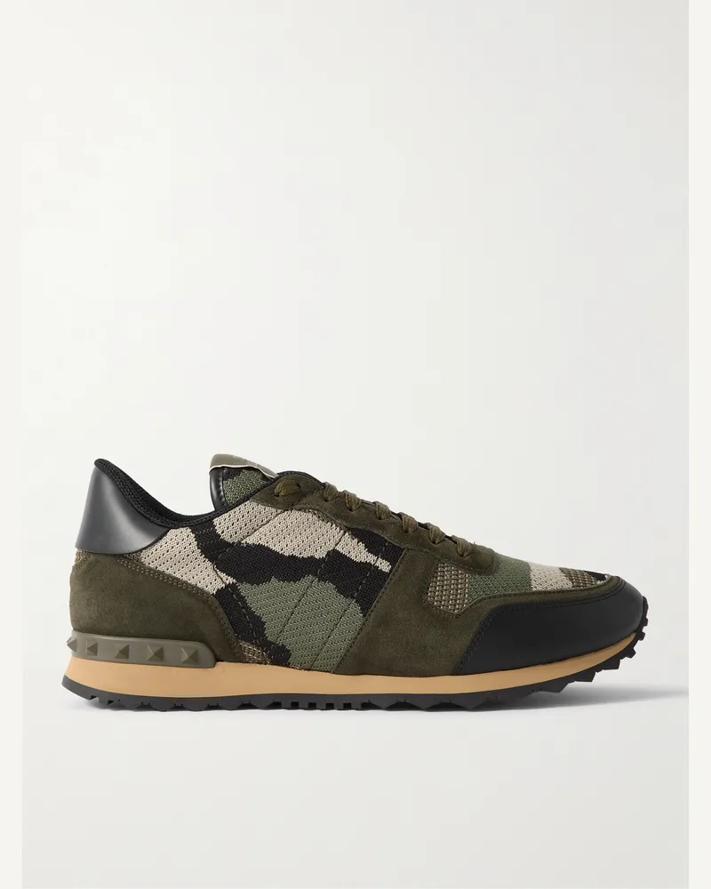 Valentino Garavani Rockrunner Sneakers aus Jacquard-Strick mit Camouflage-Muster und Besatz aus Veloursleder und Leder Grün