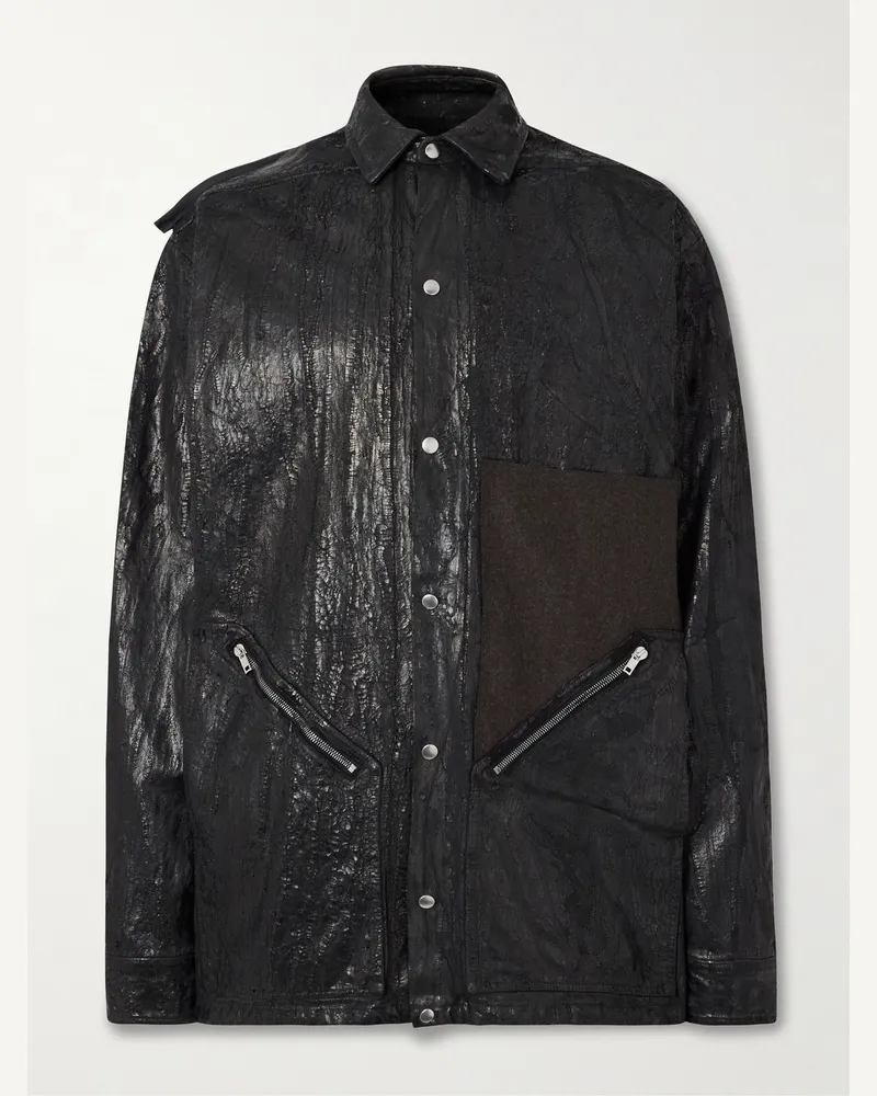 Rick Owens Oversized-Jeansjacke aus bemaltem Denim mit Wollbesatz in Distressed-Optik Schwarz