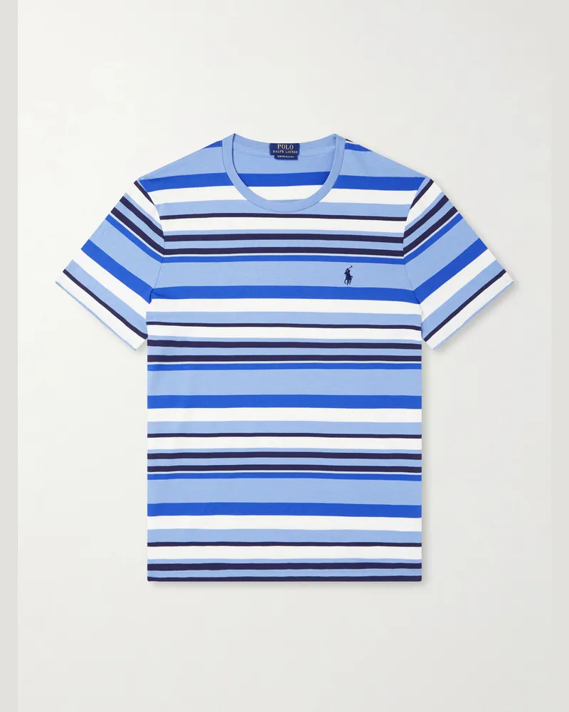 Ralph Lauren Logo-Embroidered Striped Cotton-Jersey T-Shirt Blue