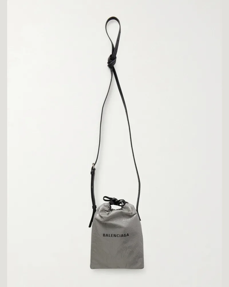 Balenciaga Shopper Smartphone-Hülle aus Leder in Knitteroptik mit Logoprägung Grau