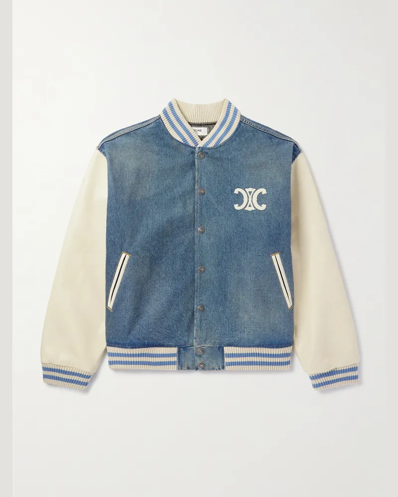 Celine Teddy Bomberjacke aus Denim mit Lederbesatz und Logoapplikation Blau