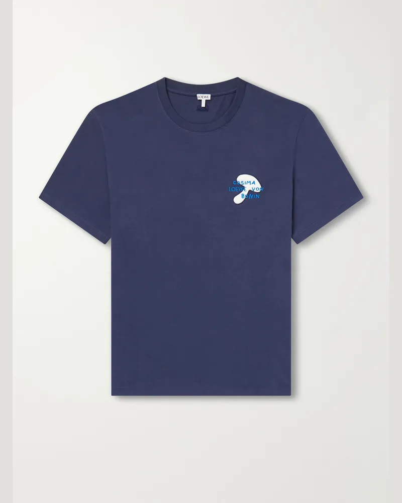 Loewe Embroidered Cotton-Jersey T-Shirt Blue