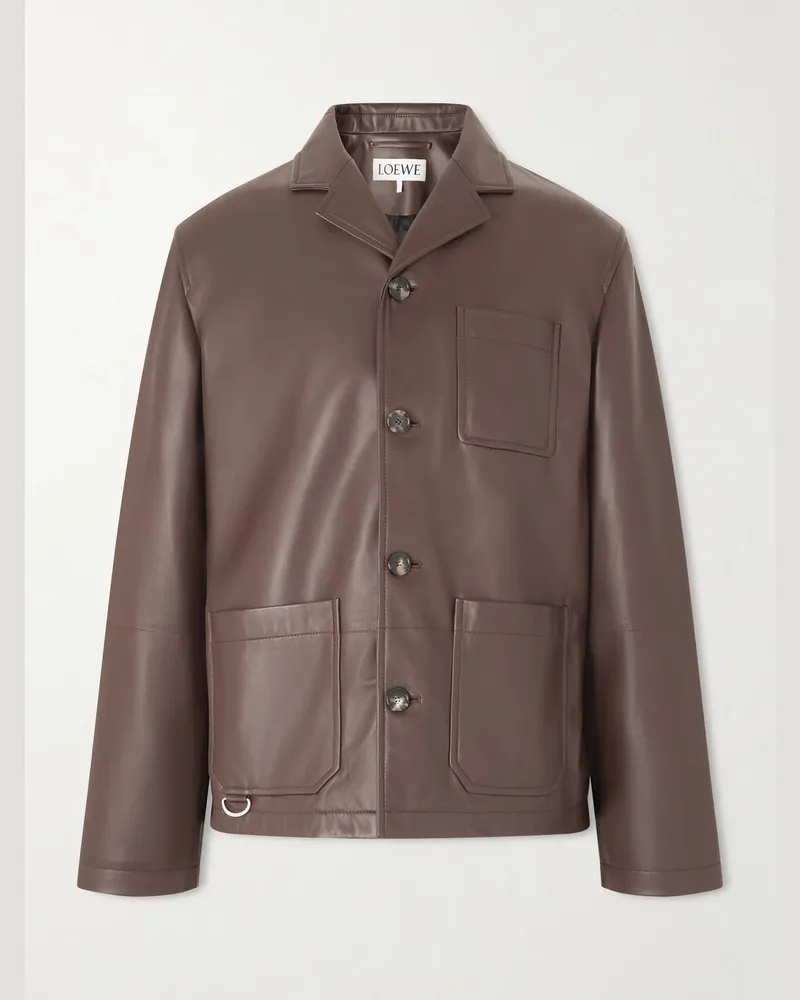 Loewe Camp-Collar Logo-Debossed Leather Jacket Brown