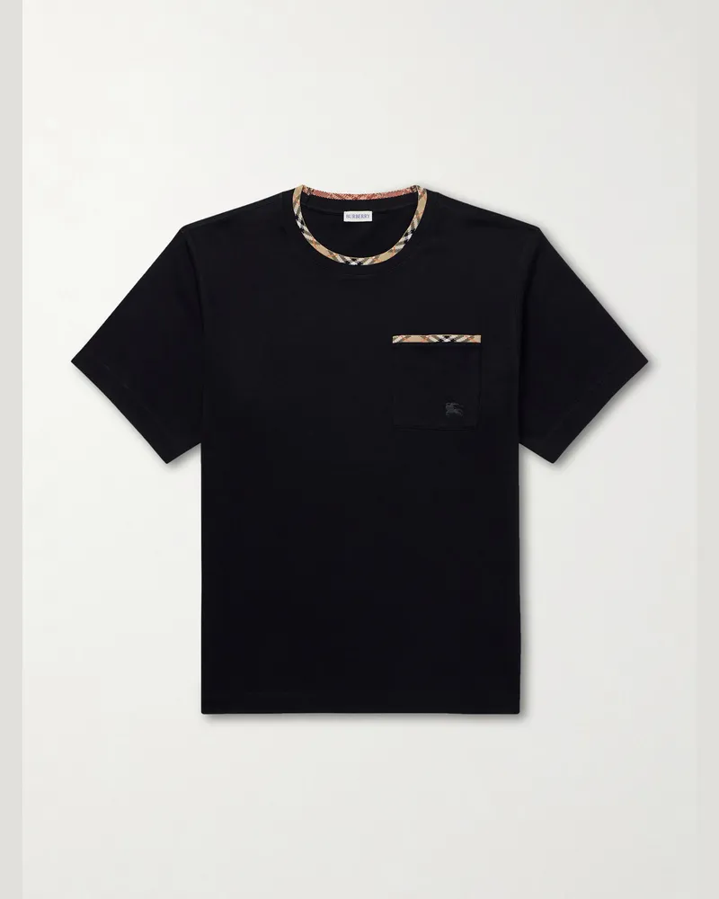 Burberry Logo-Embroidered Checked Cotton-Jersey T-Shirt Black