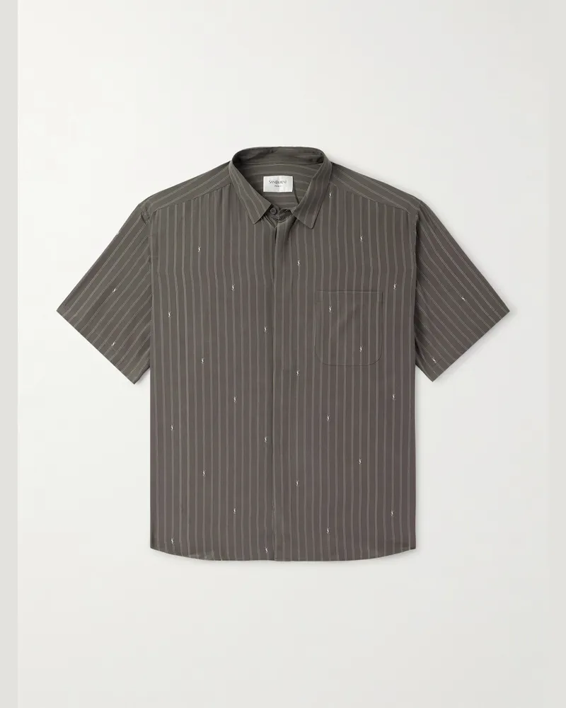 Saint Laurent Striped Silk Crepe de Chine Shirt Gray