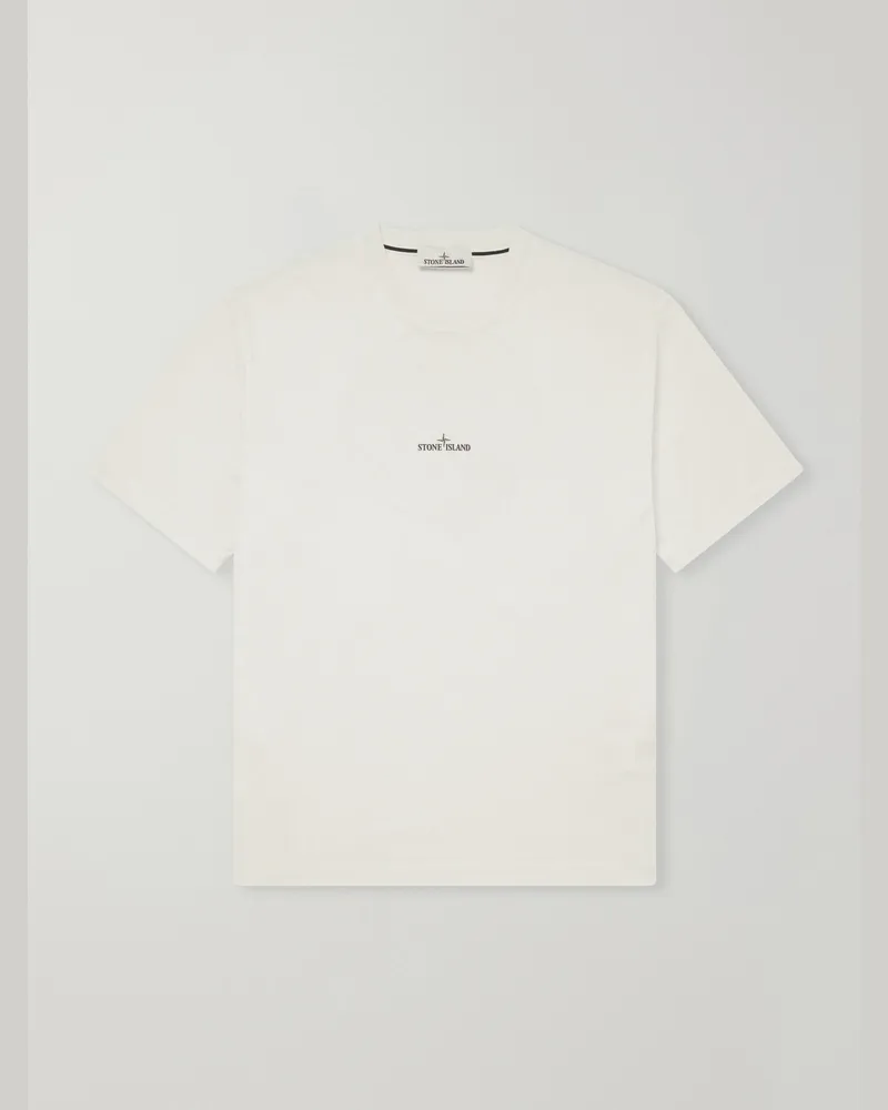 Stone Island Logo-Print Garment-Dyed Cotton-Jersey T-Shirt White