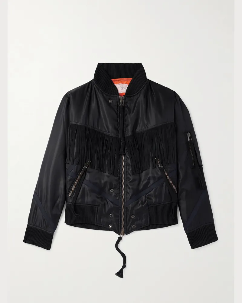 Greg Lauren Black Tails Slim-Fit Fringed Suede-Trimmed Shell Bomber Jacket Black