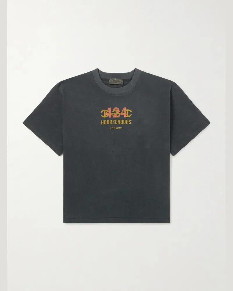 FourTwoFour on Fairfax HOORSENBUHS Logo-Print Distressed Cotton-Jersey T-Shirt Black