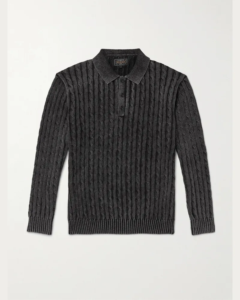 Beams Plus Cable-Knit Cotton Polo Shirt Black