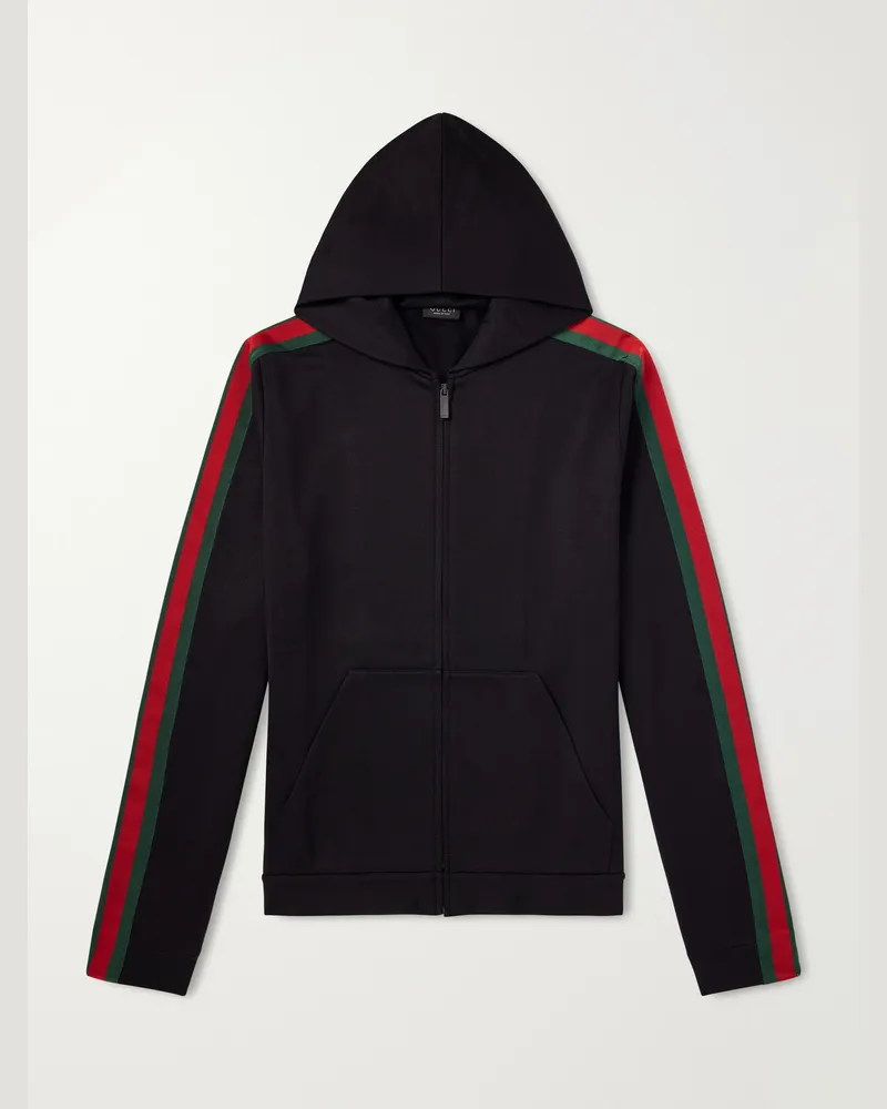 Gucci Webbing-Trimmed Silk and Cotton-Blend Jersey Zip-Up Hoodie Black