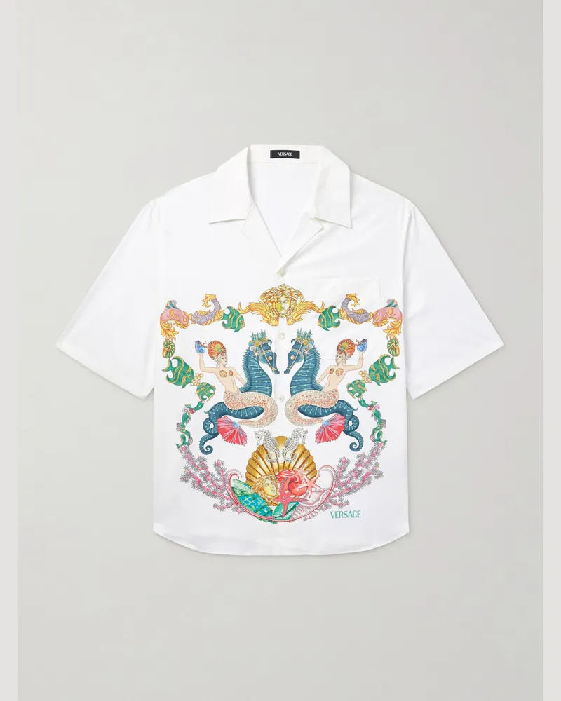 Versace Coral Theatre Camp-Collar Printed Cotton-Poplin Shirt White