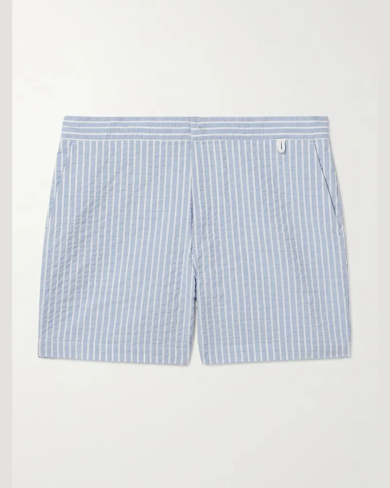 MR P. Gerade geschnittene mittellange Badeshorts aus gestreiftem Seersucker Blau