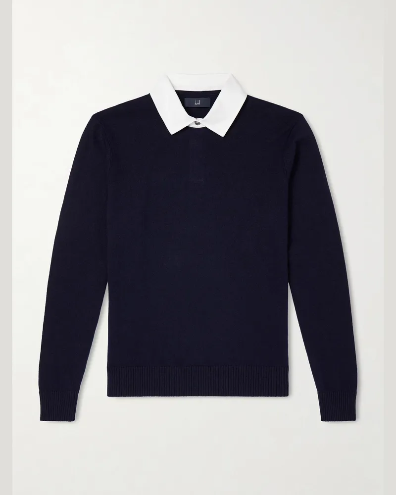 Dunhill Cotton-Trimmed Cashmere and Linen-Blend Polo Shirt Blue