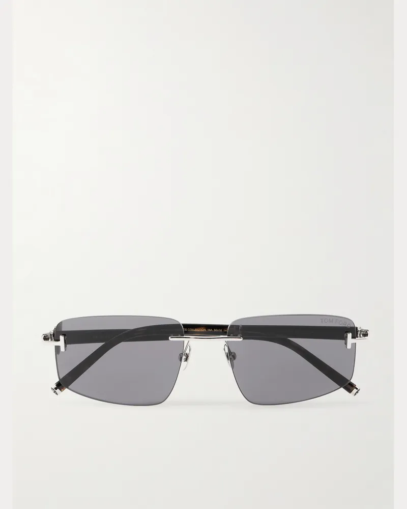 Tom Ford Private 4 rahmenlose Sonnenbrille aus Metall, Horn und Azetat in Schildpattoptik mit rechteckigen Gläsern und goldfarbenen Details Grau