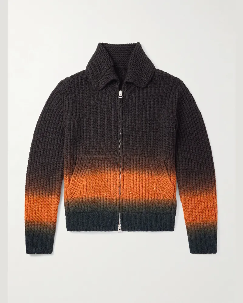 Sacai Dégradé Garment-Dyed Ribbed Wool Zip-Up Cardigan Brown