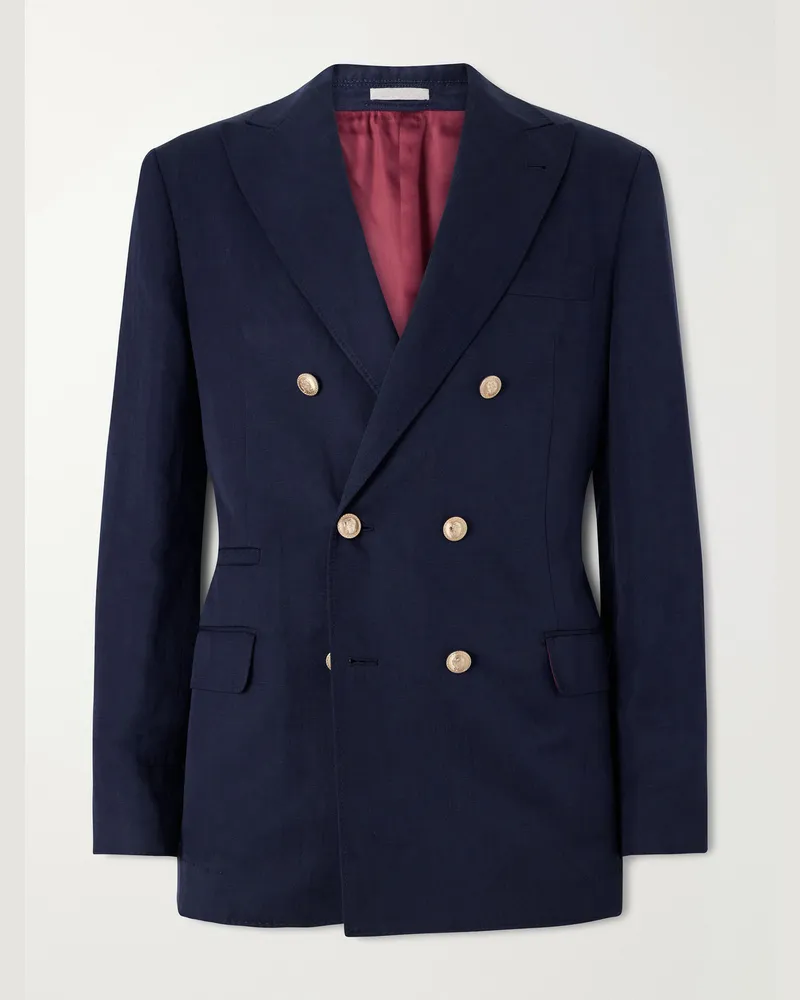 Brunello Cucinelli Double-Breasted Silk and Linen-Blend Blazer Blue