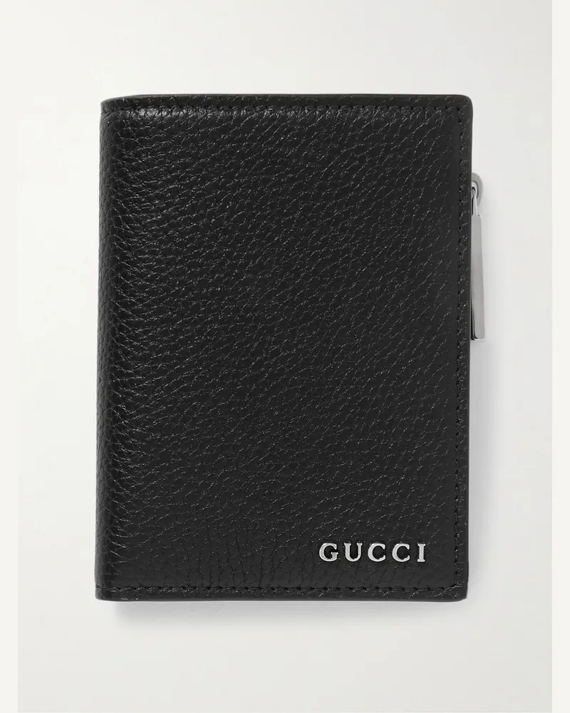 Gucci Aufklappbares Portemonnaie aus vollnarbigem Leder mit Logoverzierung Schwarz
