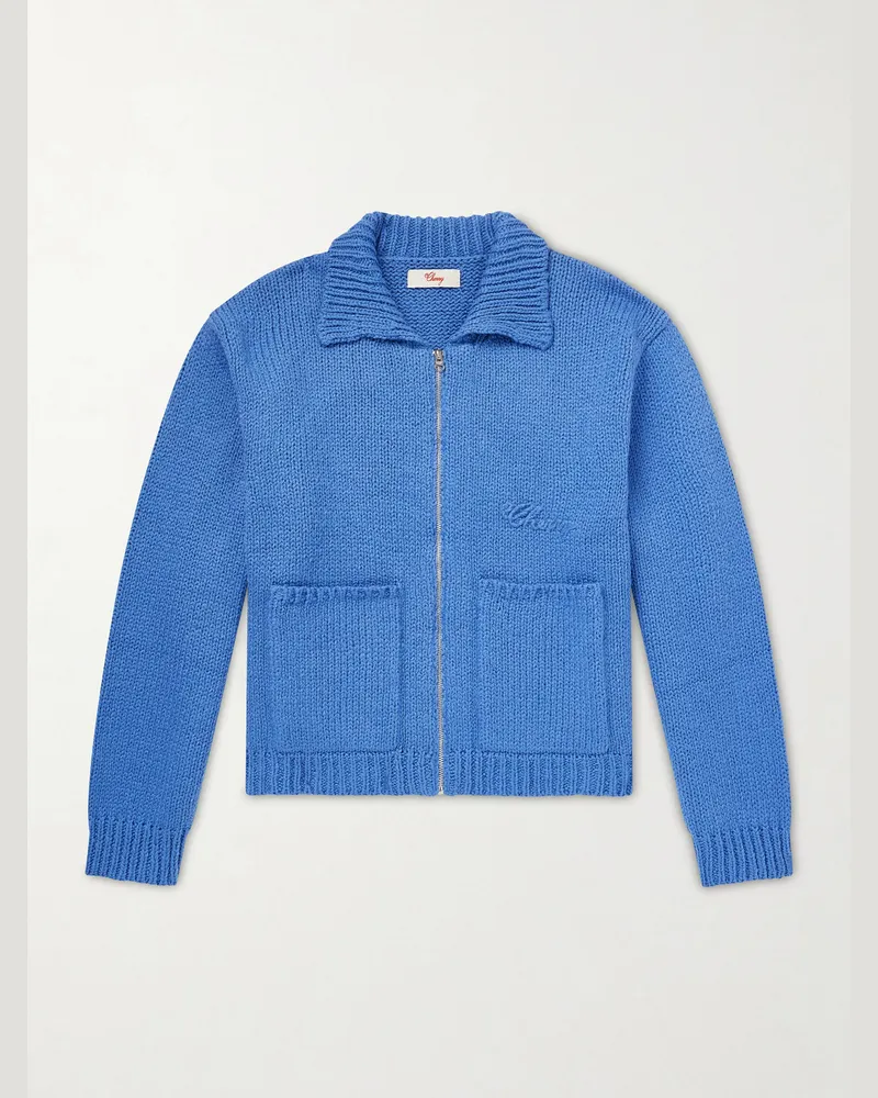 Cherry Los Angeles Logo-Embroidered Cotton Zip-Up Cardigan Blue