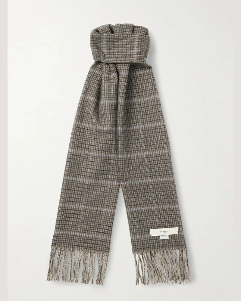 PURDEY Tom Fringed Checked Wool and Cashmere-Blend Scarf Neutrals