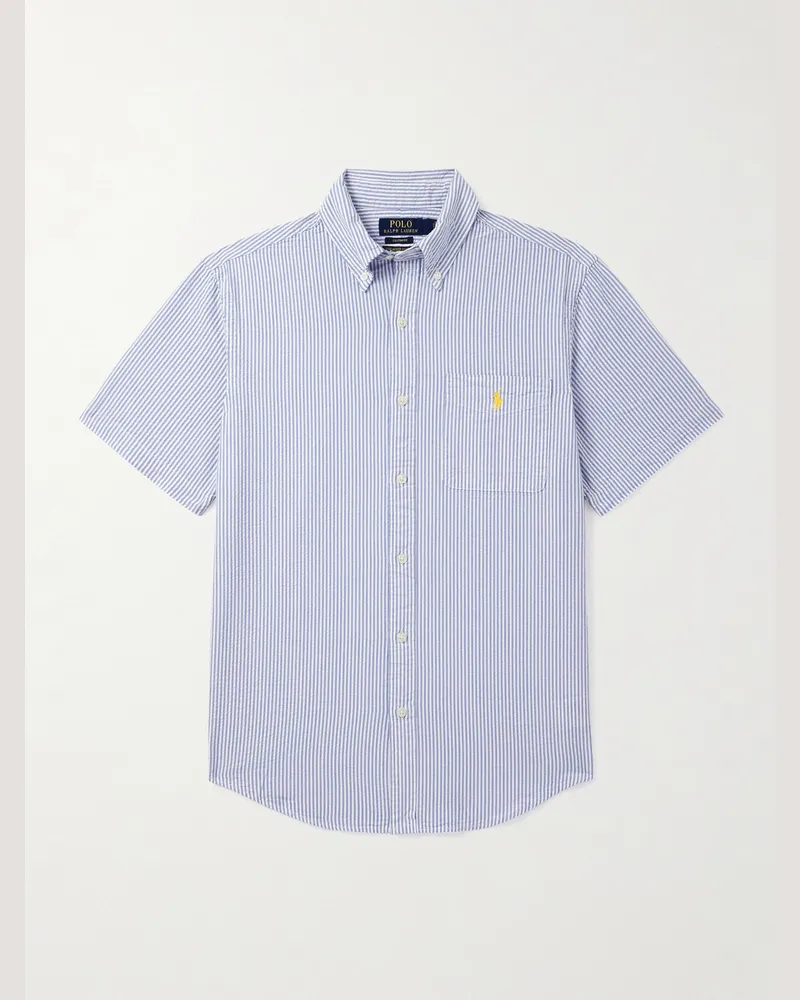 Ralph Lauren Gestreiftes Hemd aus Baumwoll-Seersucker mit Button-Down-Kragen Blau