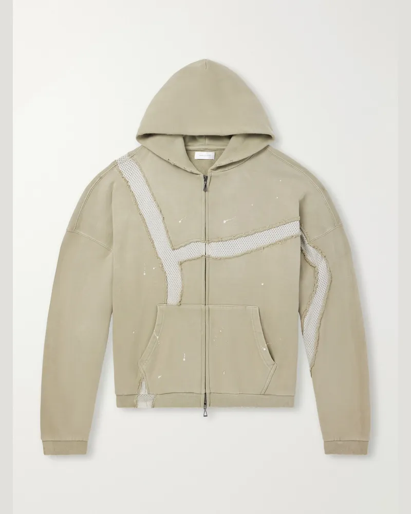 John Elliott + Co Mesh-Trimmed Paint-Splattered Cotton-Jersey Zip-Up Hoodie Green
