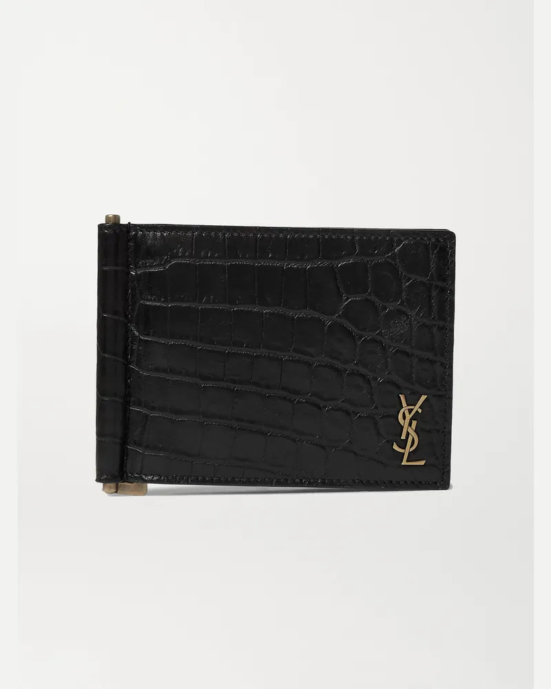 Saint Laurent Aufklappbares Portemonnaie aus Leder mit Krokodileffekt, Logoapplikation und Geldklammer Schwarz