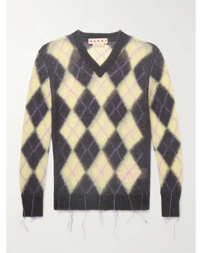 Marni Schmal geschnittener Pullover aus einer Mohairmischung mit Argyle-Muster und Fransen Gelb