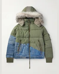 Greg Lauren Kapuzenjacke aus gestepptem Twill aus einer Baumwollmischung und Denim mit Faux-Fur-Besatz Grün