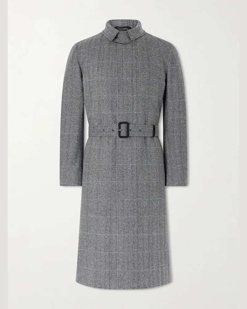 Dunhill Belted Herringbone Wool Trench Coat Gray