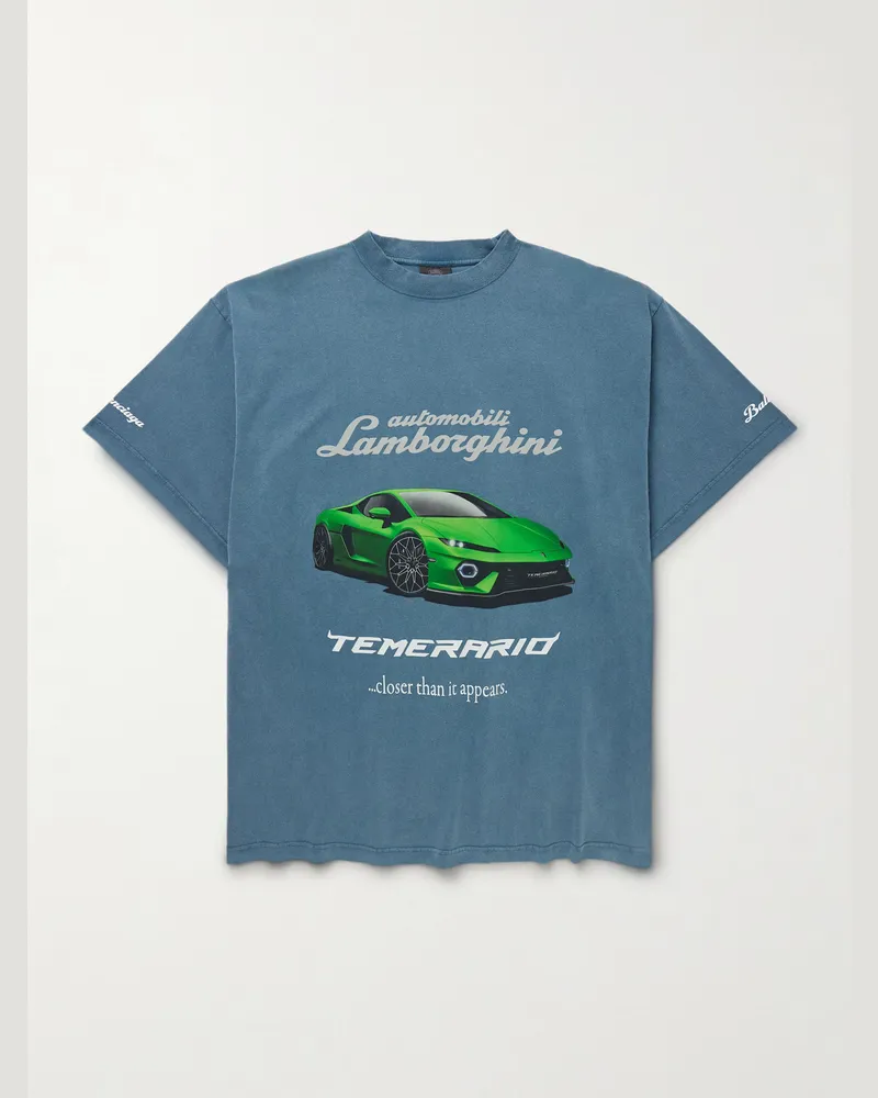 Balenciaga Lamborghini Oversized Printed Cotton-Jersey T-Shirt Blue