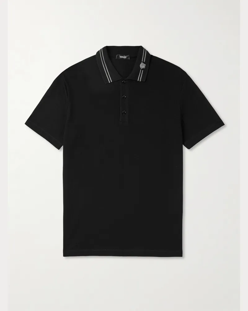 Versace Medusa Embroidered Cotton-Piqué Polo Shirt Black