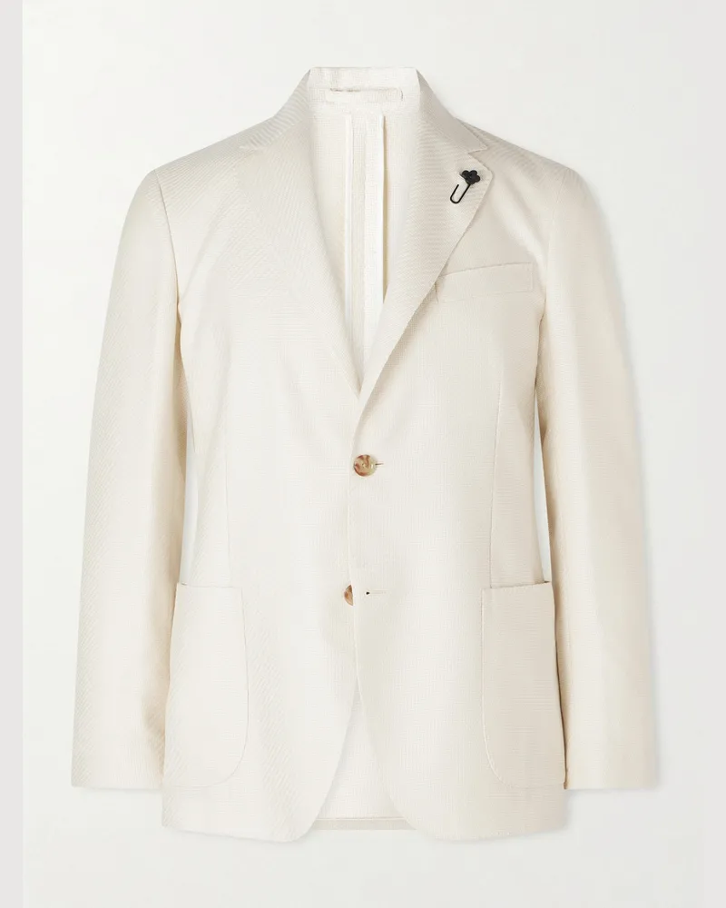 LARDINI Roma Embellished Herringbone Wool and Cotton-Blend Suit Jacket Neutrals